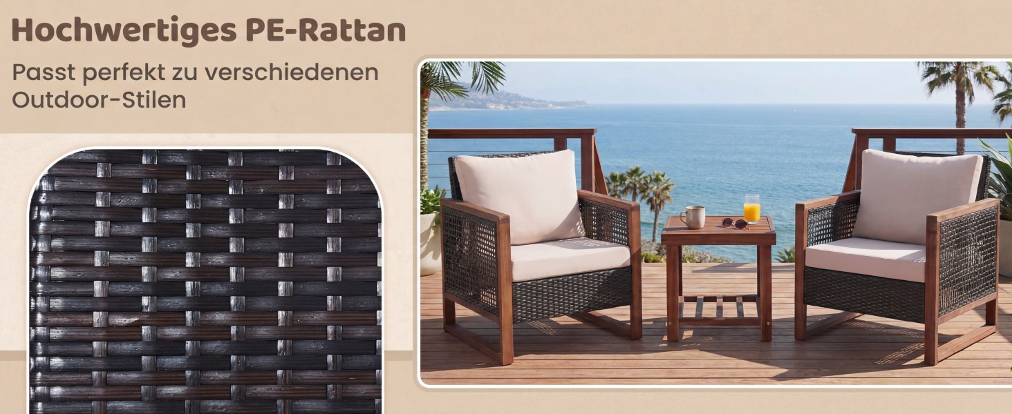 Набір садово-розкладних меблів GIANTEX з ротангу (3 шт.), садова група для балкону на 2 особи, Lounge Set з 2 кріслами та дерев'яним столом, коричневий, з подушками