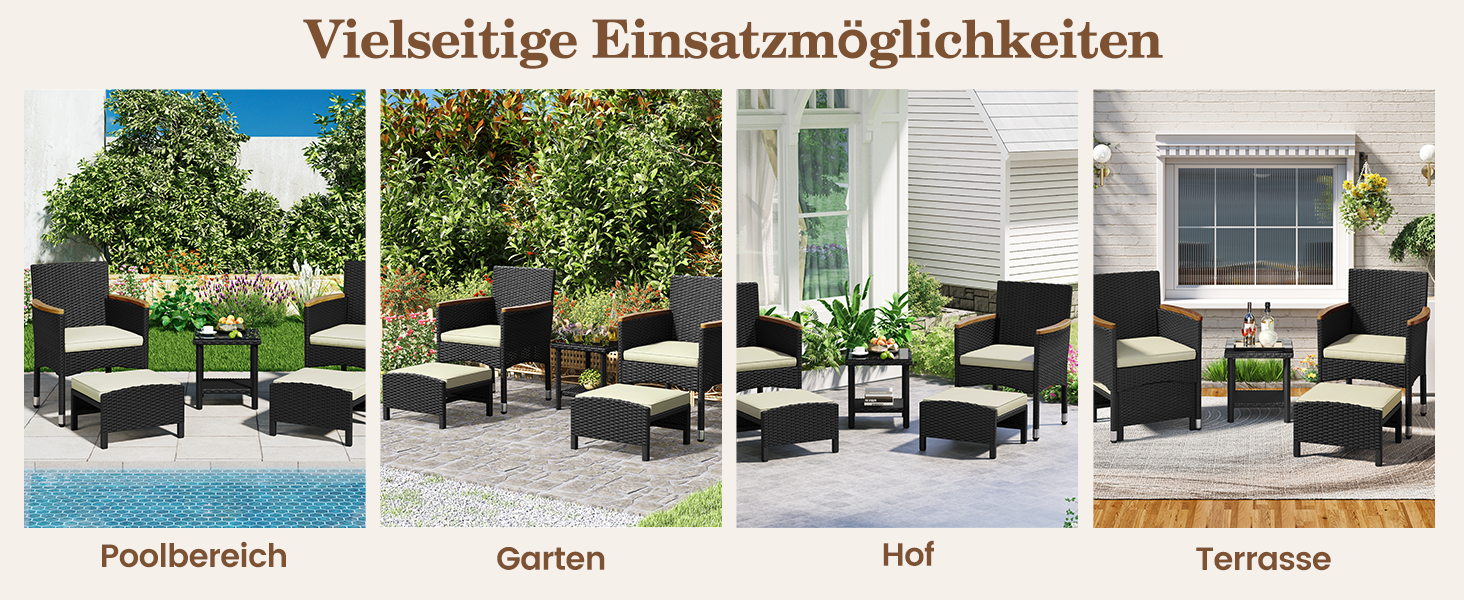 Набір садових меблів Yaheetech з ротангу для балкона та тераси: 2 крісла, 2 пуфи, столик - чорний та бежевий