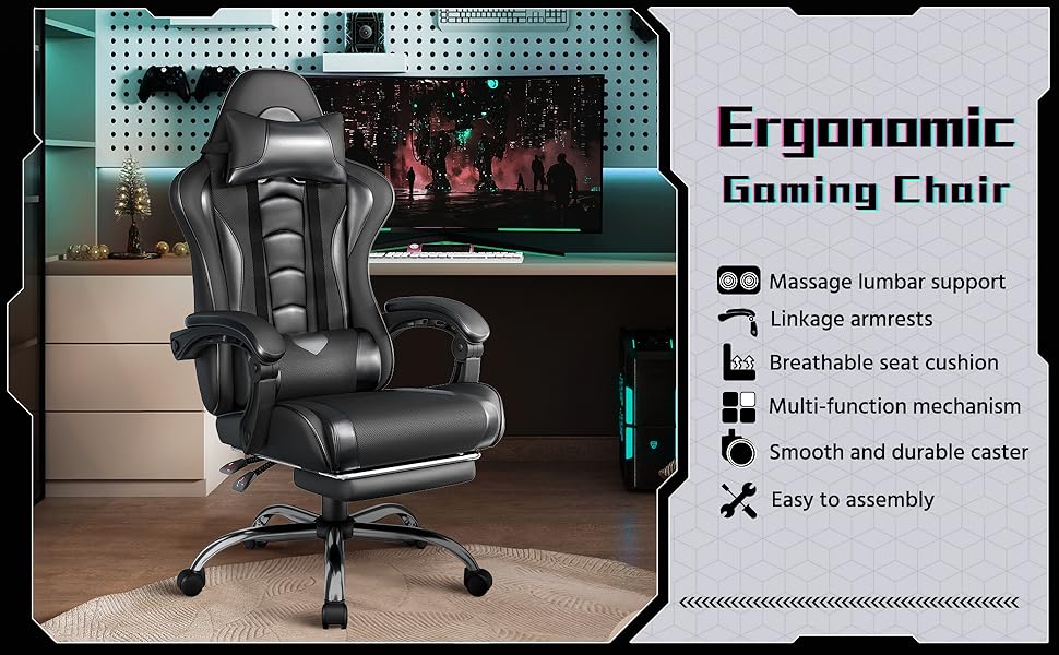 Ігровий крісло Yaheetech з масажем, регульована спинка 90-135°, комп'ютерне крісло з підніжкою, білий (чорний)