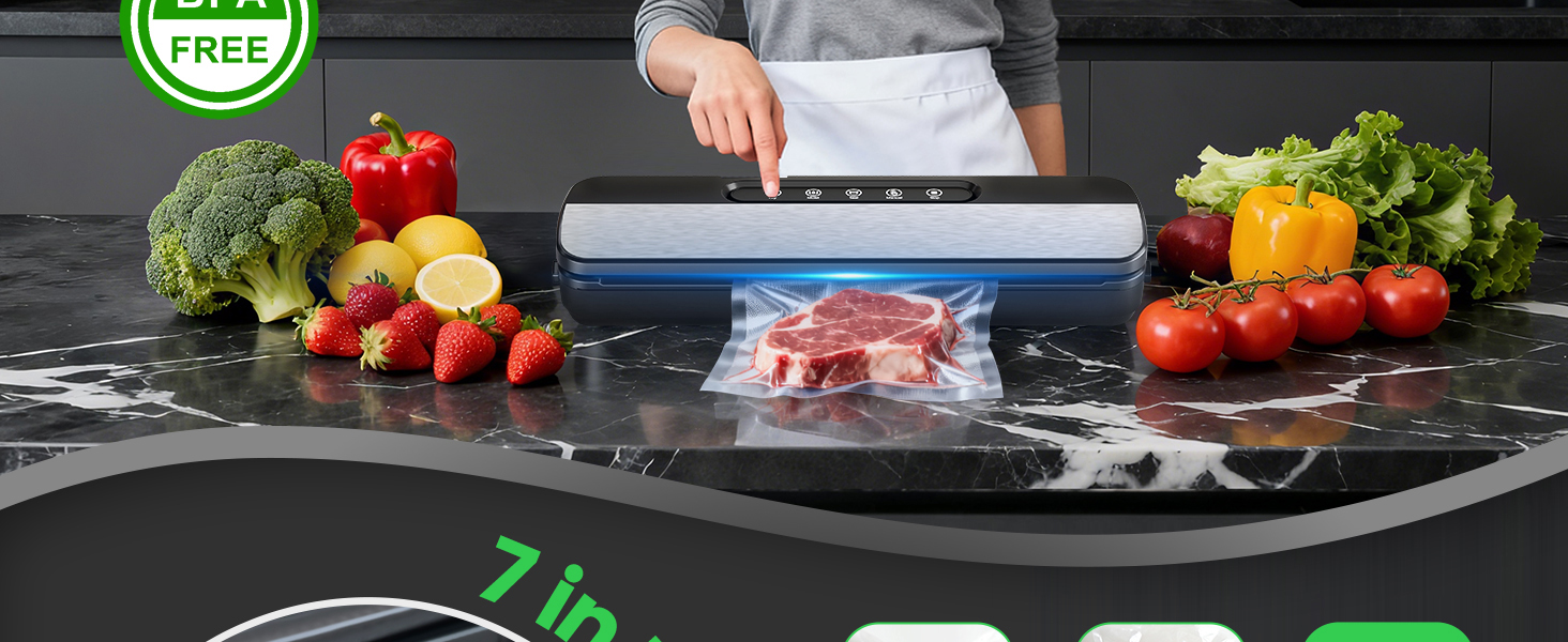 Вакууматор Raycial 7 в 1, вакуумний пакувальник для продуктів 145 Вт, пристрій для запаювання пакетів з набором мішків та шлангом, чорно-сріблястий