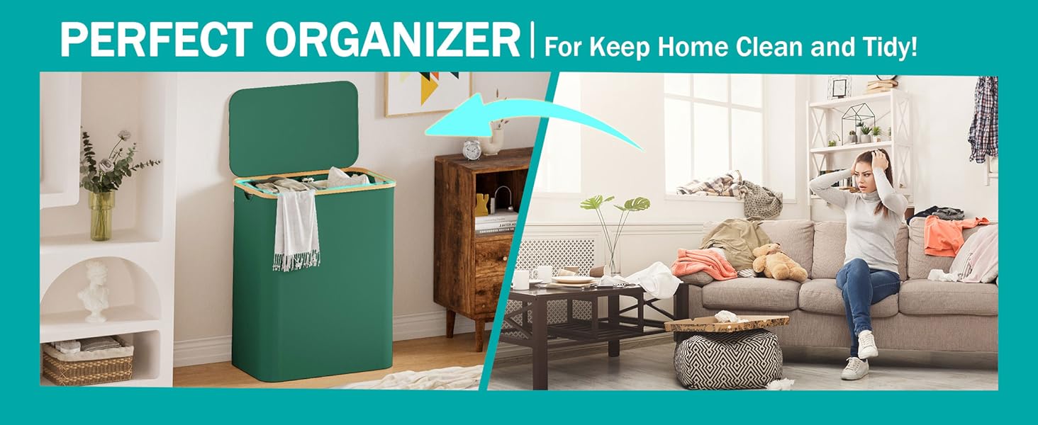 Кошик для білизни Youdenova з кришкою, великий, 160л, бамбук/дерево, сортувальник, білий