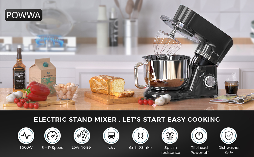 Кухонна машина POWWA 5.5L з 6 швидкостей, 1500W, для замішування тіста, з міксером, гаком для тіста та насадкою для збивання, чорного кольору