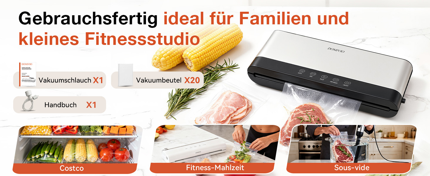 Вакууматор для продуктів з нержавіючої сталі SJ2085: потужність 85 кПа, режими «Сухий/Вологий», подвійна герметизація, LED-панель та зовнішній відсмоктувач, 20 пакетів у комплекті