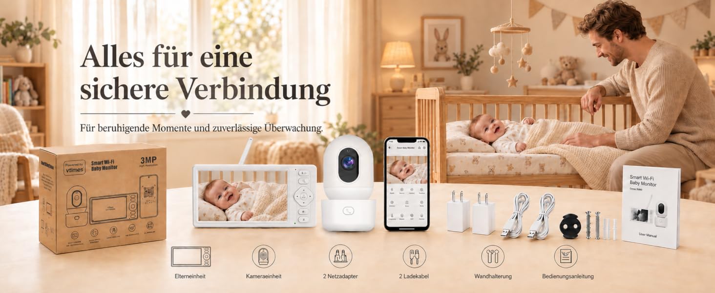 Відеоняня HelloBaby з WiFi та камерою: монітор з нічним баченням, датчиком руху, двостороннім аудіо та керуванням через додаток (5.5 дюймів, білий)