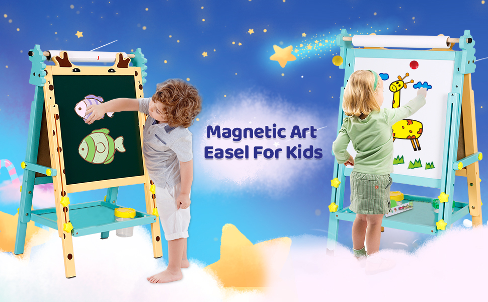 Дитячий мольберт Kinder с паперовою рулеткою, двосторонній, регульований по висоті, дошка для малювання маркерами та крейдою, мольберт для стоячи з цифрами та аксесуарами, мольберт для малювання для малюків, хлопчиків та дівчаток