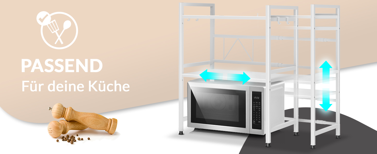 Поличка для мікрохвильової печі, кухонна поличка, сталева | 3-ярусна, регульована висота та довжина, з гачками, інструкція у відеоформаті (Білий)