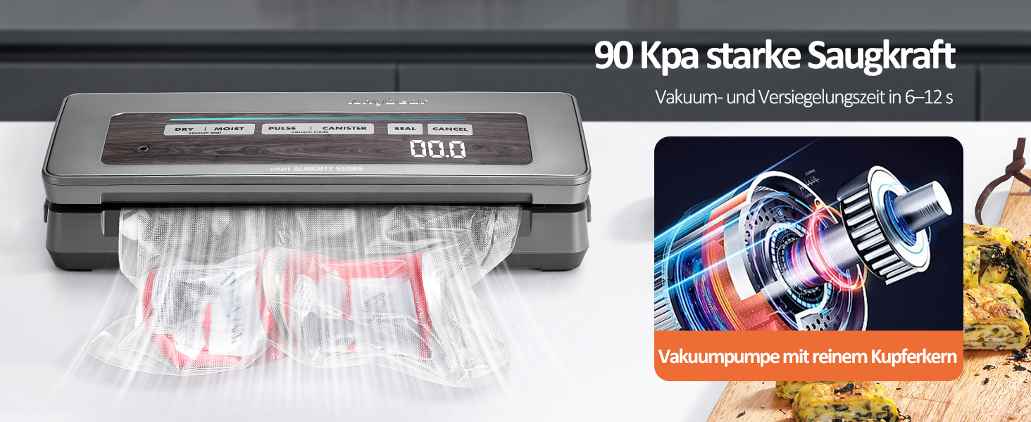 Вакууматор для продуктів з вбудованим різаком, 100 Вт, 90 кПа, цифровий таймер та відсіком для пакетів, сірий