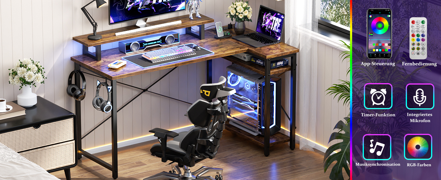 Кутовий ігровий стіл з LED-підсвіткою та розетками, 120x70 см, колір: сіра береза (рустикальний коричневий)