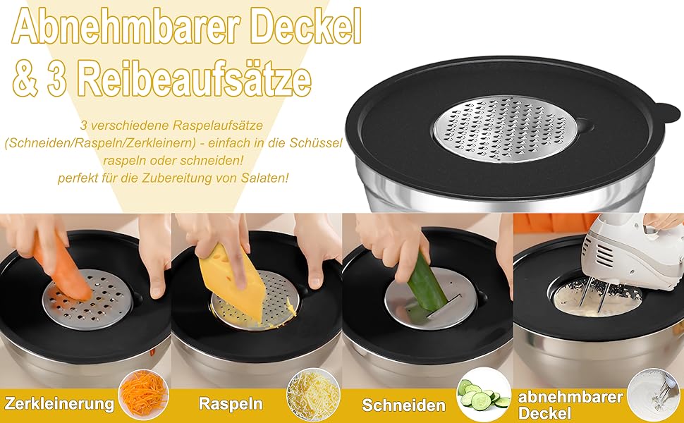 Набір мисок для перемішування 5 шт. з нержавіючої сталі, набір салатників з герметичними кришками, 3 насадки-тертки, об'єм 4.5L, 2.7L, 1.6L, 1.1L, 0.7L, скляні, розбірні, можна мити в посудомийній машині