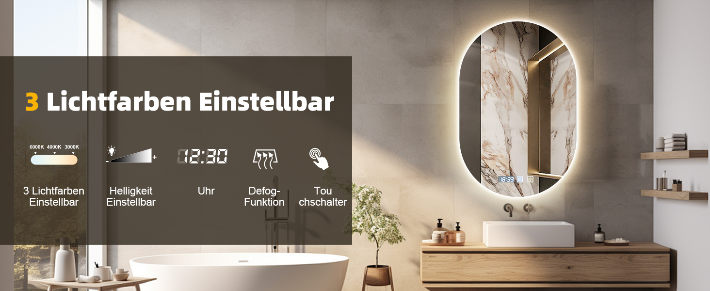 Дзеркало для ванної кімнати 600 мм з підсвічуванням, регулюванням яскравості, антизапарюванням, таймером | IP44, вологостійке, з сенсорним вимикачем | для ванної, готелю, кругле, овальне, 500 мм, 750 мм