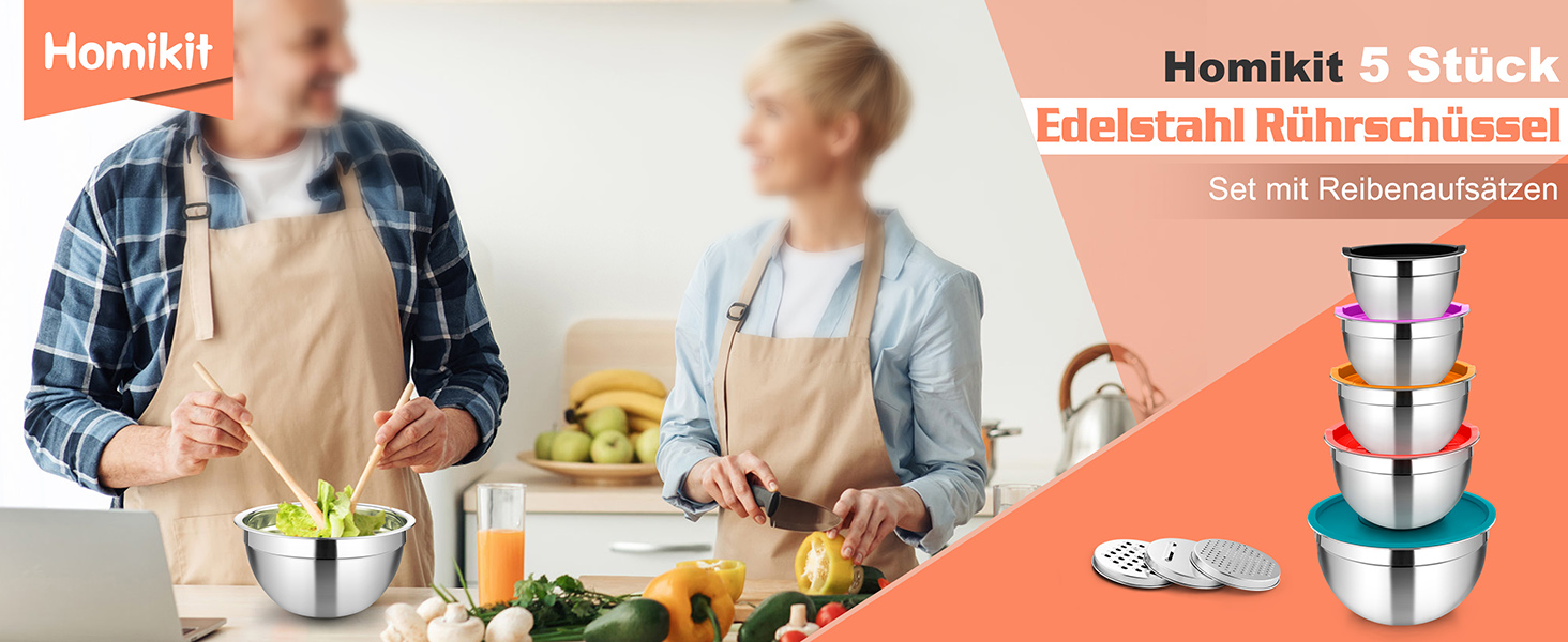 Набір мисок Homikit (5 шт.) з нержавіючої сталі з кришкою та силіконовим дном. Багатофункціональний, стековий, придатний для миття в посудомийній машині, 6.6L / 3.5L / 2.5L / 1.5L / 1L (Кольоровий, з 3 терками)