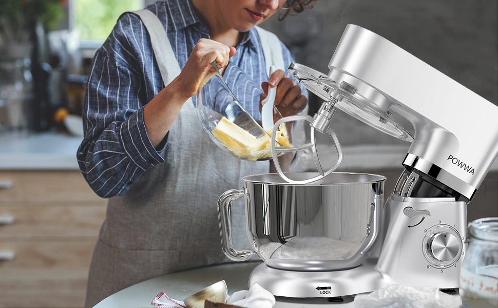Кухонна машина POWWA 5.5L з 6 швидкостей, 1500W, для замішування тіста, з міксером, гаком для тіста та захистом від бризок (срібна)