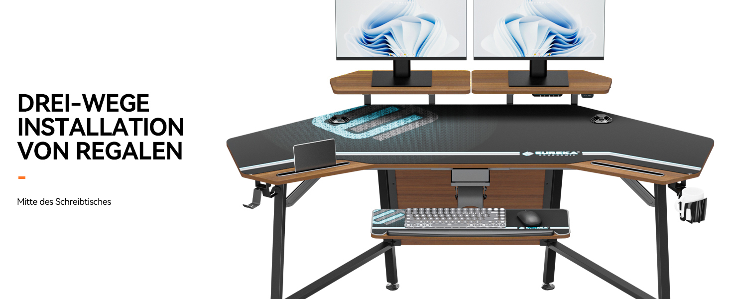 Ігровий стіл EUREKA ERGONOMIC 160x74 см з крилами для геймінгу, PC, Home Office, Live Streaming, 2 слоти для iPad, горіховий колір