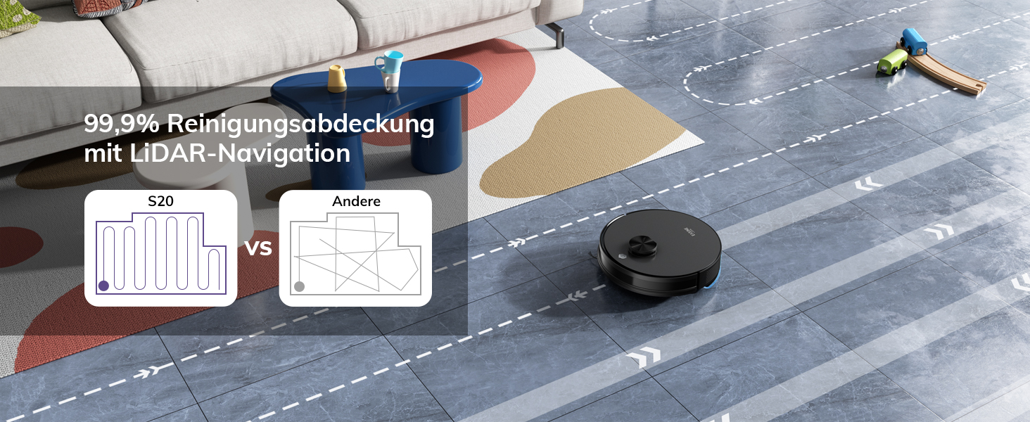 Робот-пилосос з функцією миття підлоги, автоматична станція самоочищення, лазерна навігація, зони заборони, 5000Pa, 5*2.5L мішки для пилу, 180 хвилин роботи, керування через додаток, для твердих підлог, килимів та шерсті тварин, S20