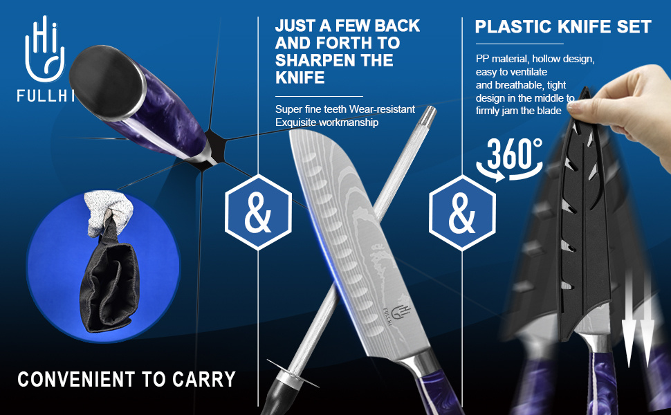 Японський набір ножів FULLHI 15 предметів з магнітним підставкою, леза з японської сталі, ергономічні ручки з смоли для професійної та домашньої кухні (фіолетовий, 14 ножів)