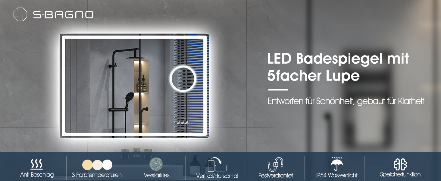 Дзеркало для ванної кімнати S'bagno Bluetooth з підсвічуванням 100x70 см, LED, антизапар, диммер, Bluetooth, HD скло, IP44, горизонтальне/вертикальне