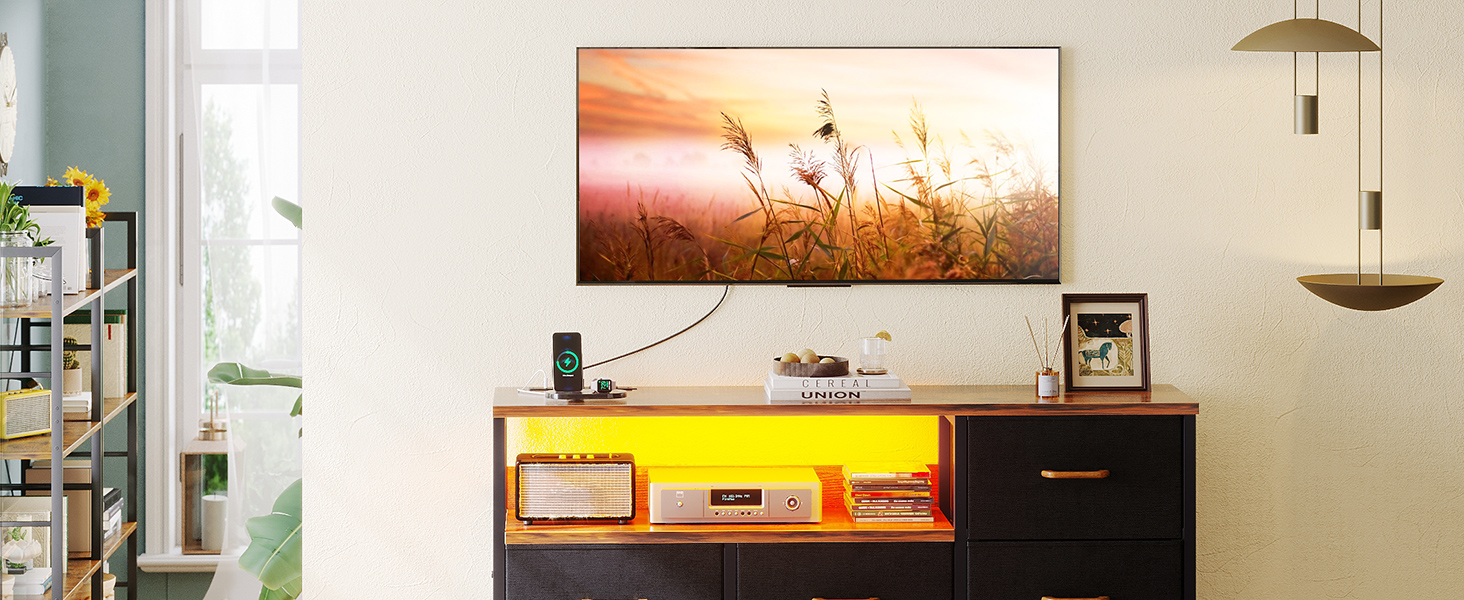 Комод Coleshome з висувними ящиками, LED-підсвічуванням, 2 USB-портами та розетками, 7 тканинних ящики, 132*30*89 см (Ретро колір)