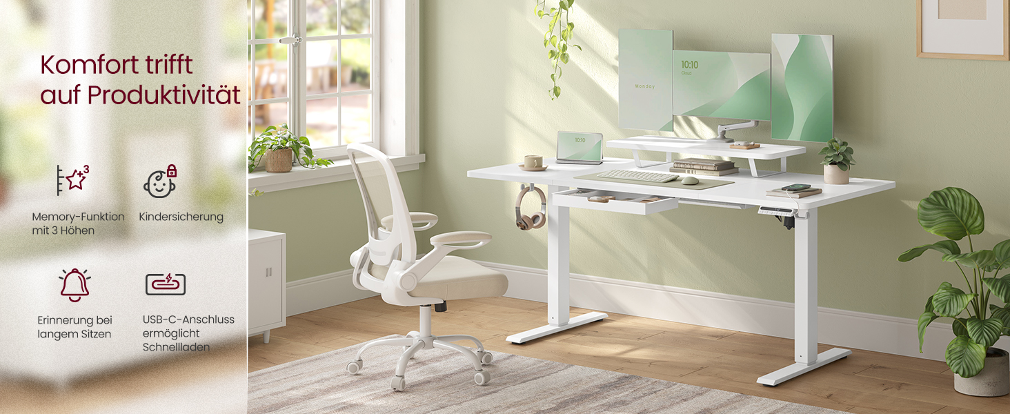 VASAGLE Регульований стіл, моніторний підставка, ящик, USB-C, нагадування про сидячий спосіб життя, для офісу, 140 x 70 см, Wolkenweiß