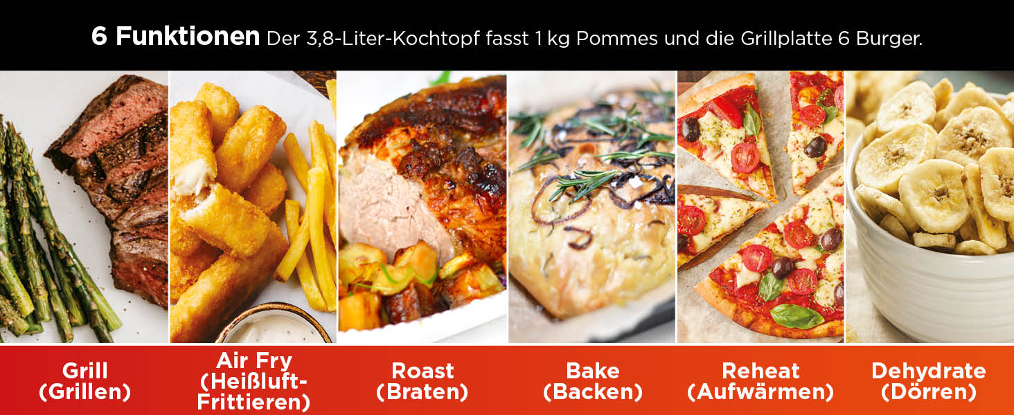 Ninja MAX 6-в-1 гриль та фритюрниця з гарячим повітрям для дому, 6 функцій приготування, об'єм 3.8 л, цифровий термометр, сірий/срібний, DG551EU