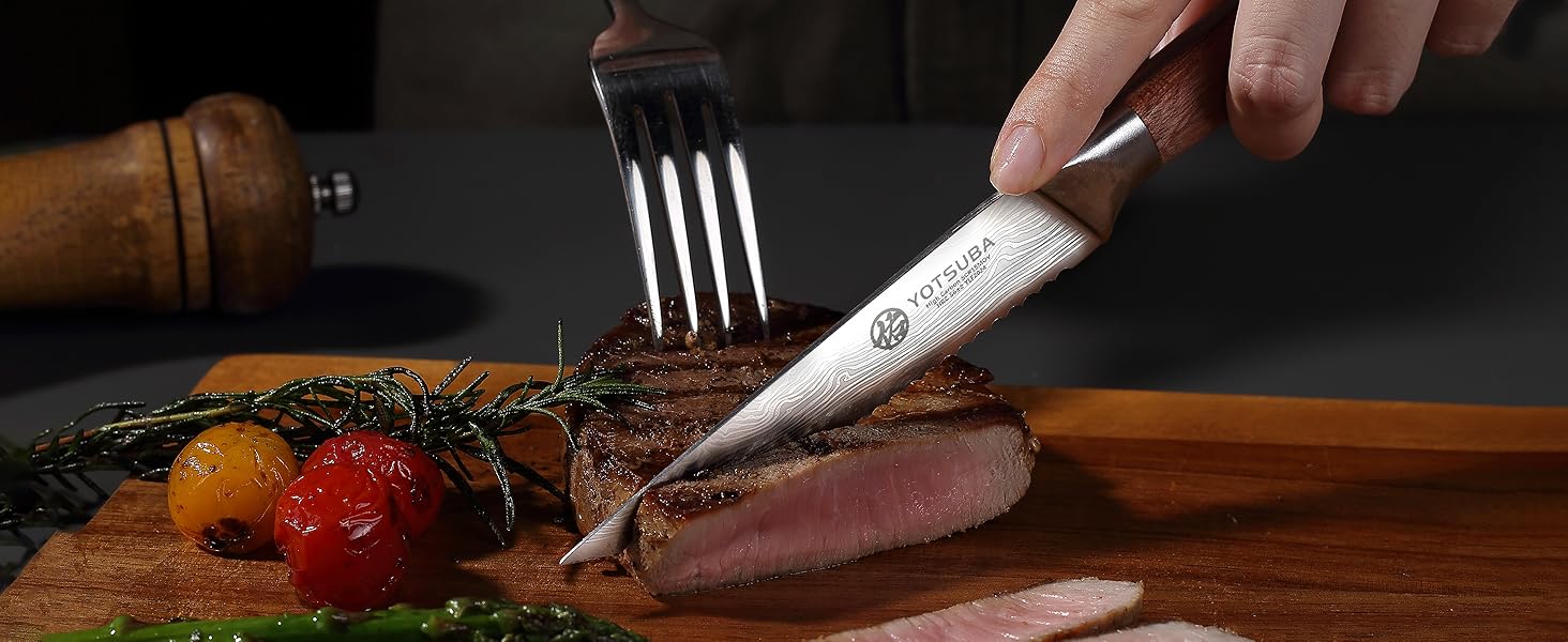 Набір кухонних ножів YOTSUBA Profi з дерев'яним блоком та точилкою, ножиці, набір кухонних ножів з нержавіючої сталі, набір кухонних ножів для кухні (ніж для стейка - 6 шт)