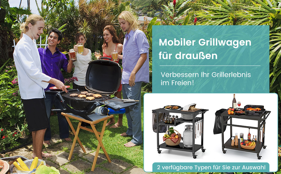 Столик для гриля COSTWAY з 4 полицями та колесами, 85 x 50,5 x 93 см