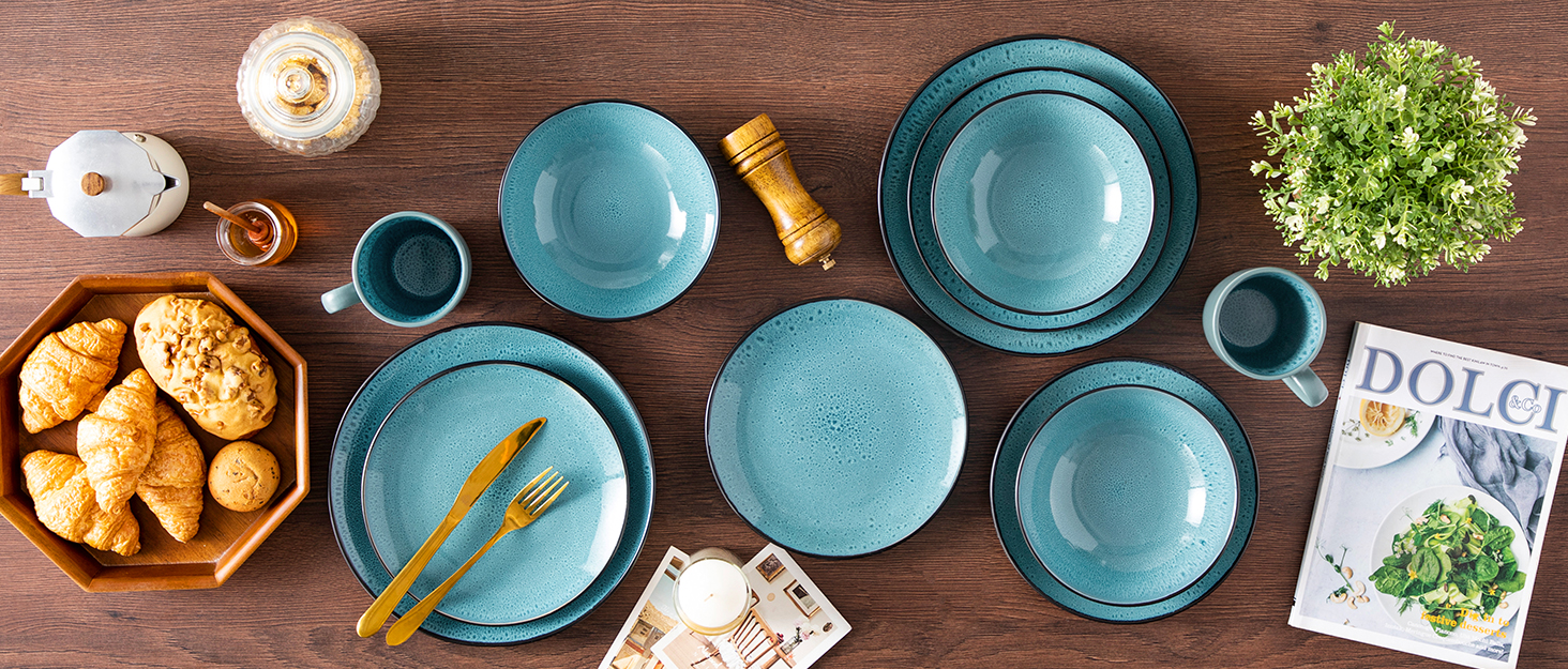 Набір посуду Bubble 6 осіб, 24 шт. з кераміки, зелений: тарілки та миски, мікрохвильова піч