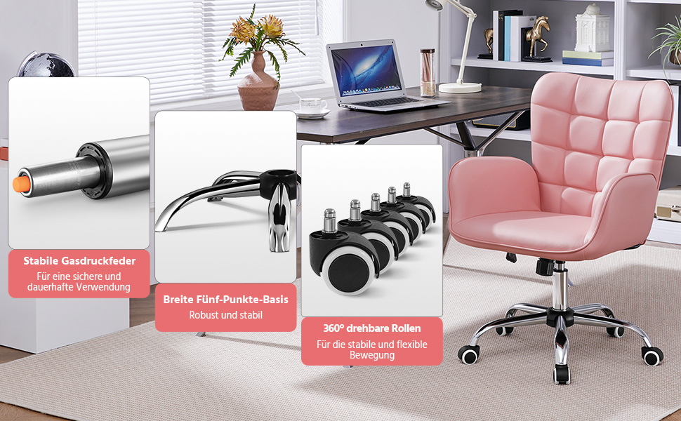 Крісло офісне Yaheetech ергономічне, з регулюванням висоти, з підлокітниками, на роликах, до 136 кг, біле (рожеве)