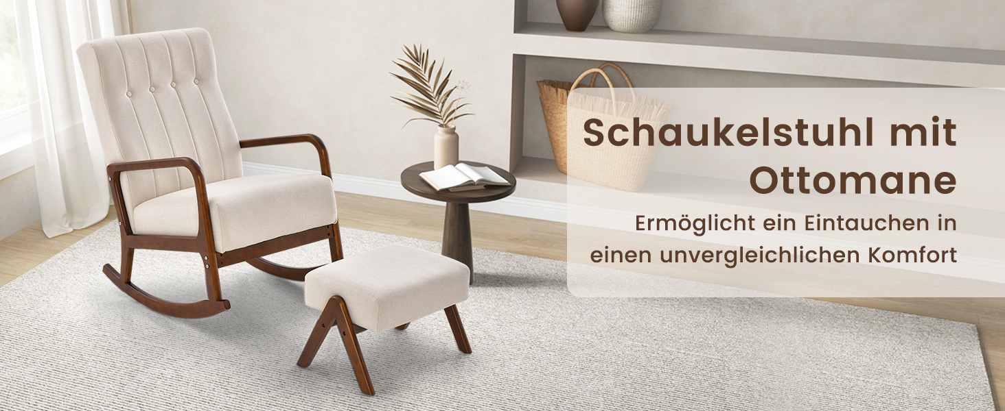 Крісло-гойдалка COSTWAY з пуфом, до 150 кг, бежеве - розслабляюче крісло для вітальні та спальні з дерев'яним каркасом