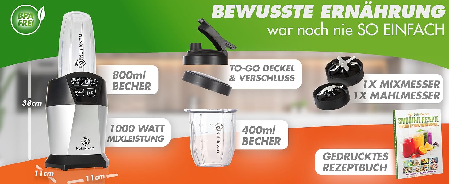 Блендер для смузі NutriBlender Smoothie-Maker 1000 Вт з авто-функцією Auto-IQ, 2 стакани, ніж, кришки, без BPA + Книга рецептів