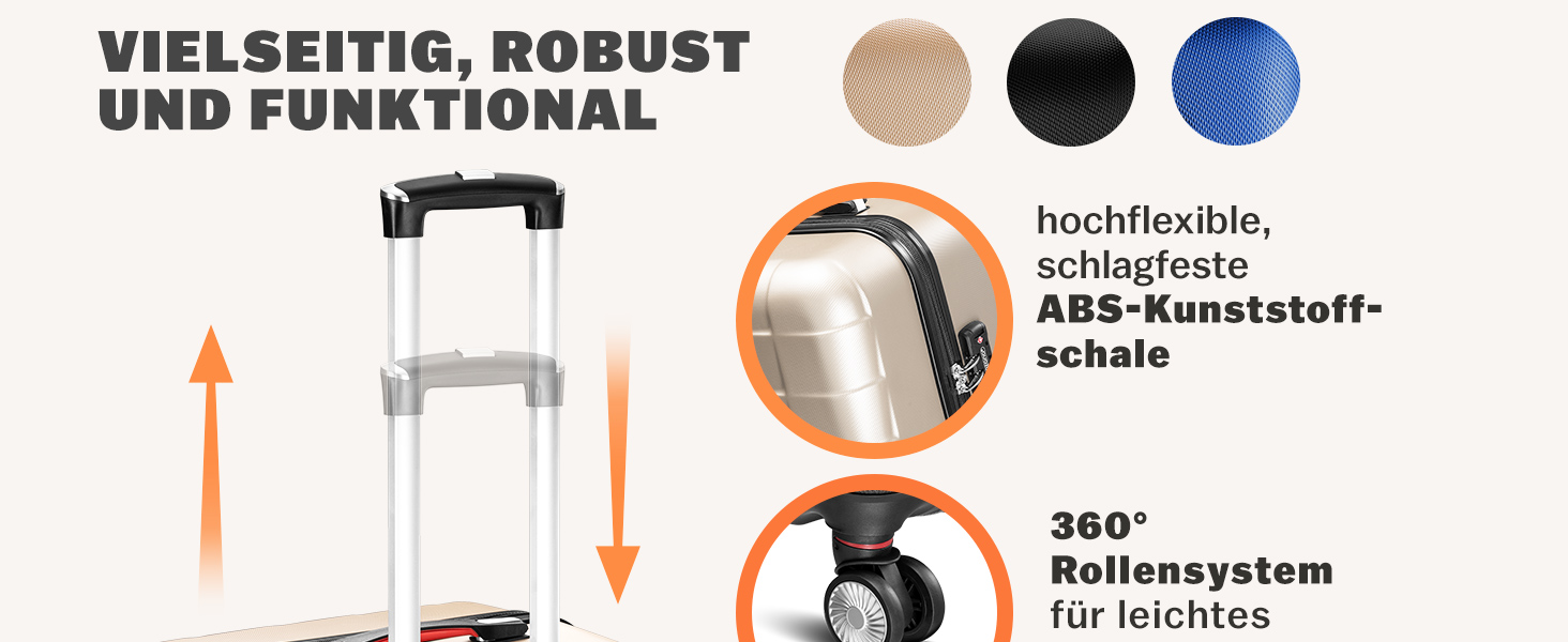 Набір валіз Monzana® 3шт Exopack з TSA замком, жорсткий корпус, M-L-XL, гелеві ручки, 4 колеса, підставка, ручний багаж, валіза для подорожей, колір шампань