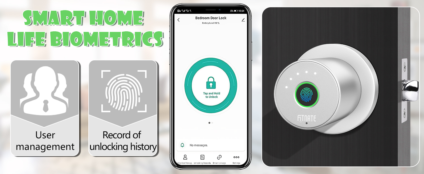 Розумна дверна ручка FITNATE з відбитком пальця з керуванням додатком для спальні, дому, готелю, офісу (срібло)