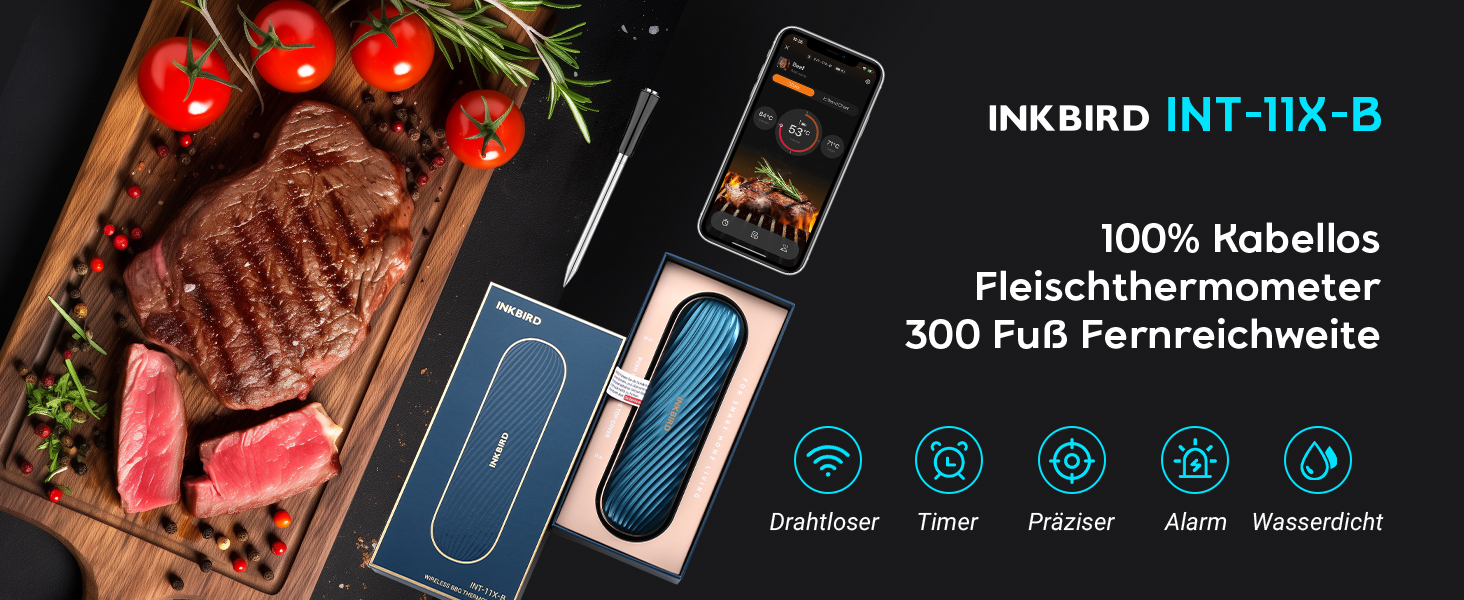 Бездротовий термометр Inkbird для м'яса з Bluetooth, IP67, 91м, для гриля, BBQ, духовки, копчення, ротисерії (INT-11X-B)