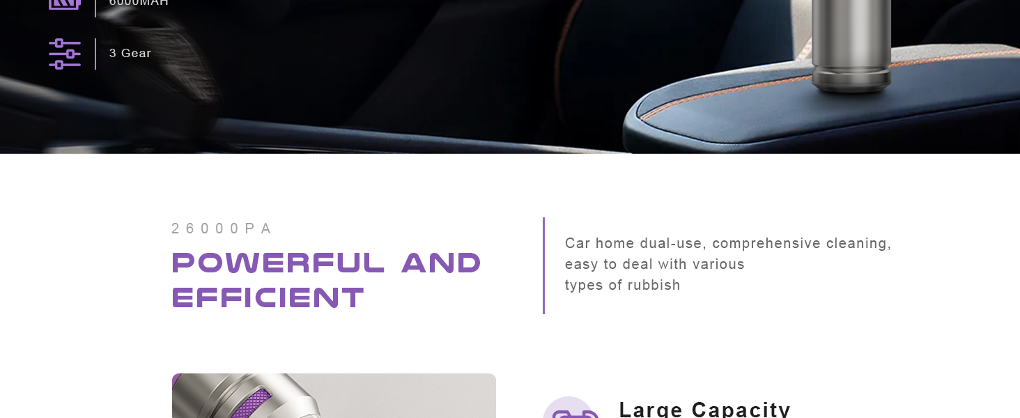 Акумуляторний ручний пилосос KITBEZN 26000Па, бездротовий міні-пилосос 4-в-1 з безщітковим двигуном для авто, дому, диванів та шерсті тварин (Фіолетовий)