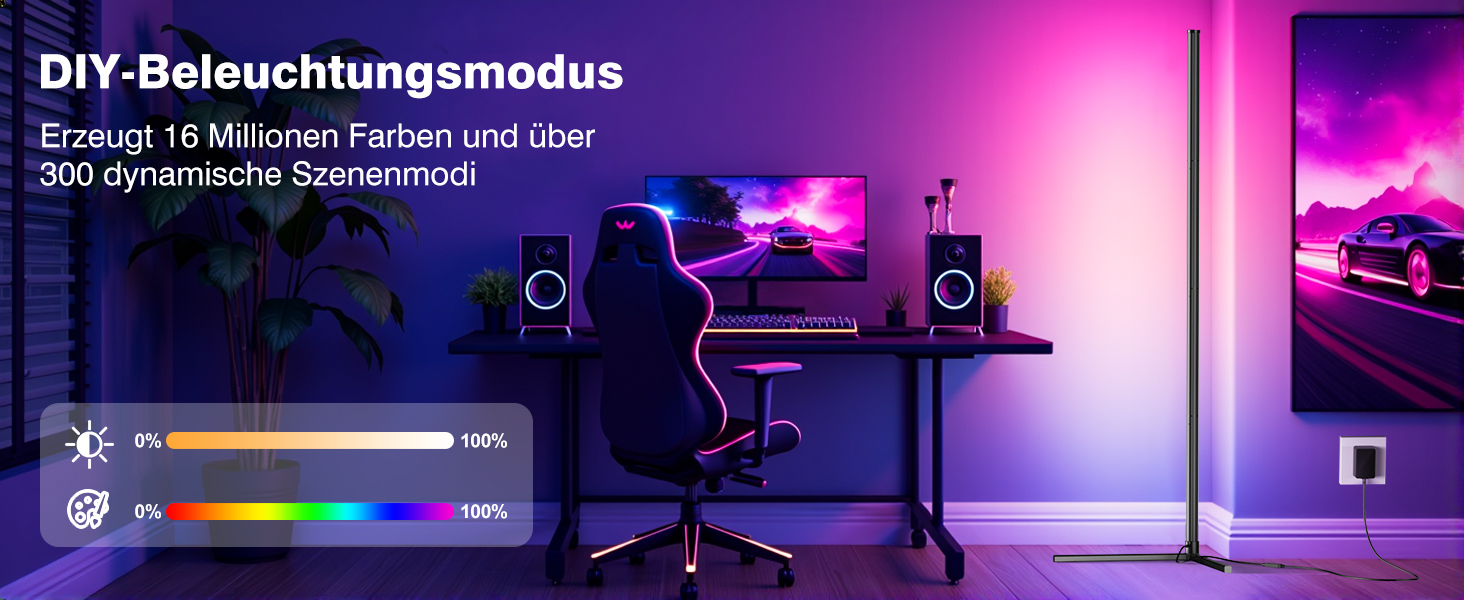 LED Торшер у вітальню RGB з димером, пультом та керуванням через додаток. Кутова LED лампа з 16 млн кольорів, 68+ режимів, музичний режим для спальні та геймінгу