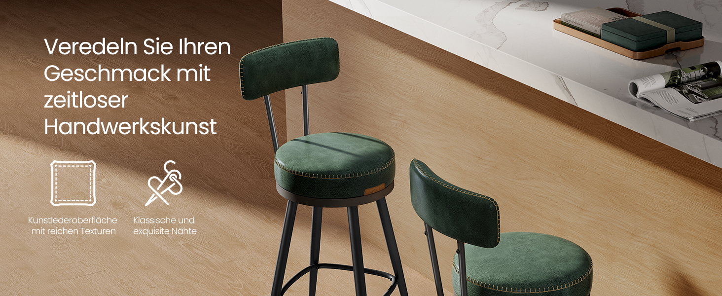 Барні стільці VASAGLE EKHO - набір 2 шт, 360° обертання, з підлокітником, для кухонного острова, стиль Mid-Century Modern, 65 см, зелений