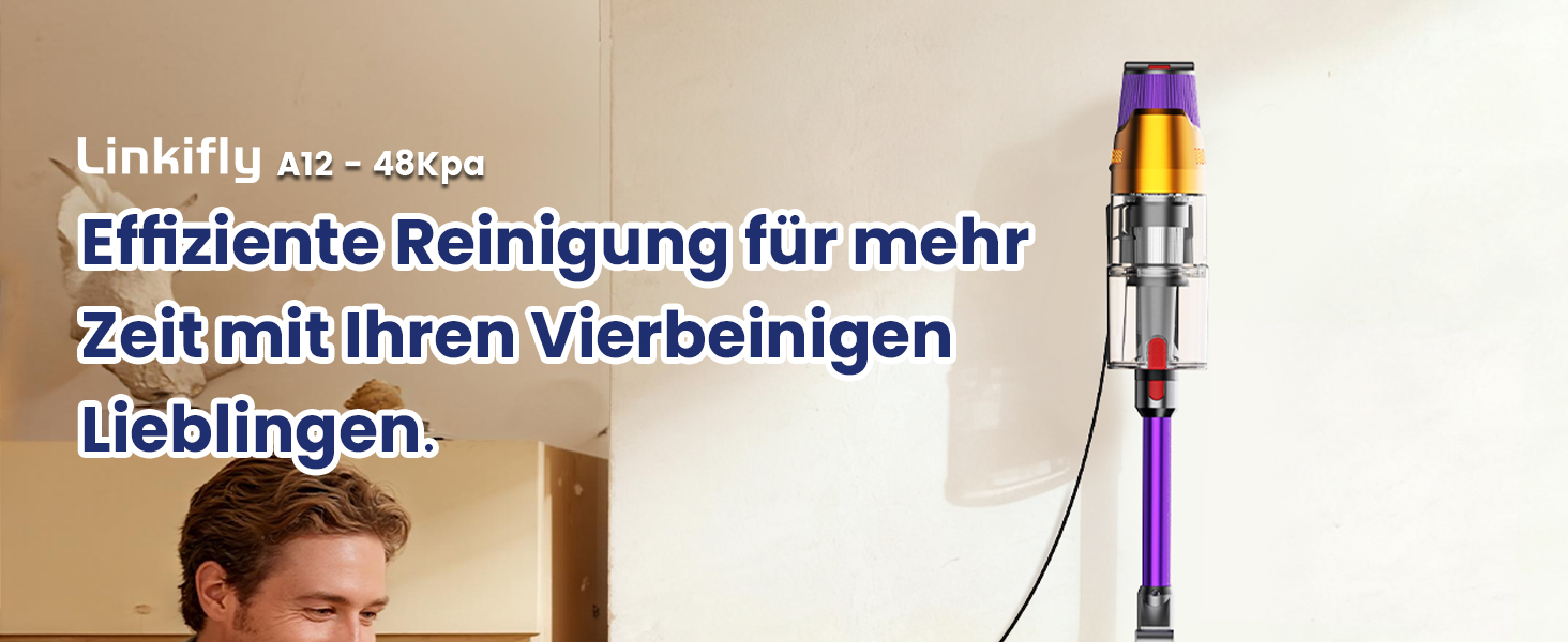 Бездротовий пилосос Linkfly A12 з функцією миття підлоги, 8-в-1, 48Kpa, 550W, 70Min, сенсорний екран, контейнер 1,5L, док-станція для стін, підходить для килимів/авто/шерсті домашніх тварин, фіолетовий