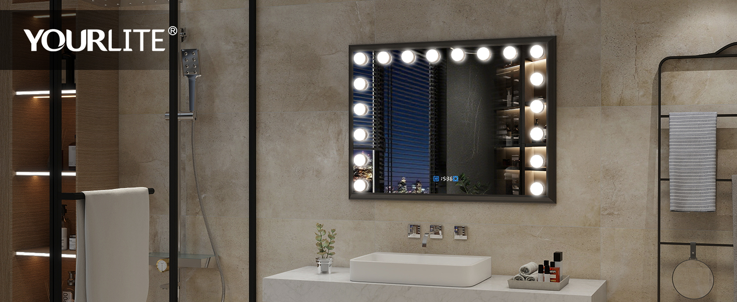 Дзеркало для ванної кімнати YOURLITE з LED-підсвічуванням 100x60 см, сенсорне управління, годинник, антизапотівання, 3 кольори світла, регулювання яскравості, функція пам'яті, білий/чорний