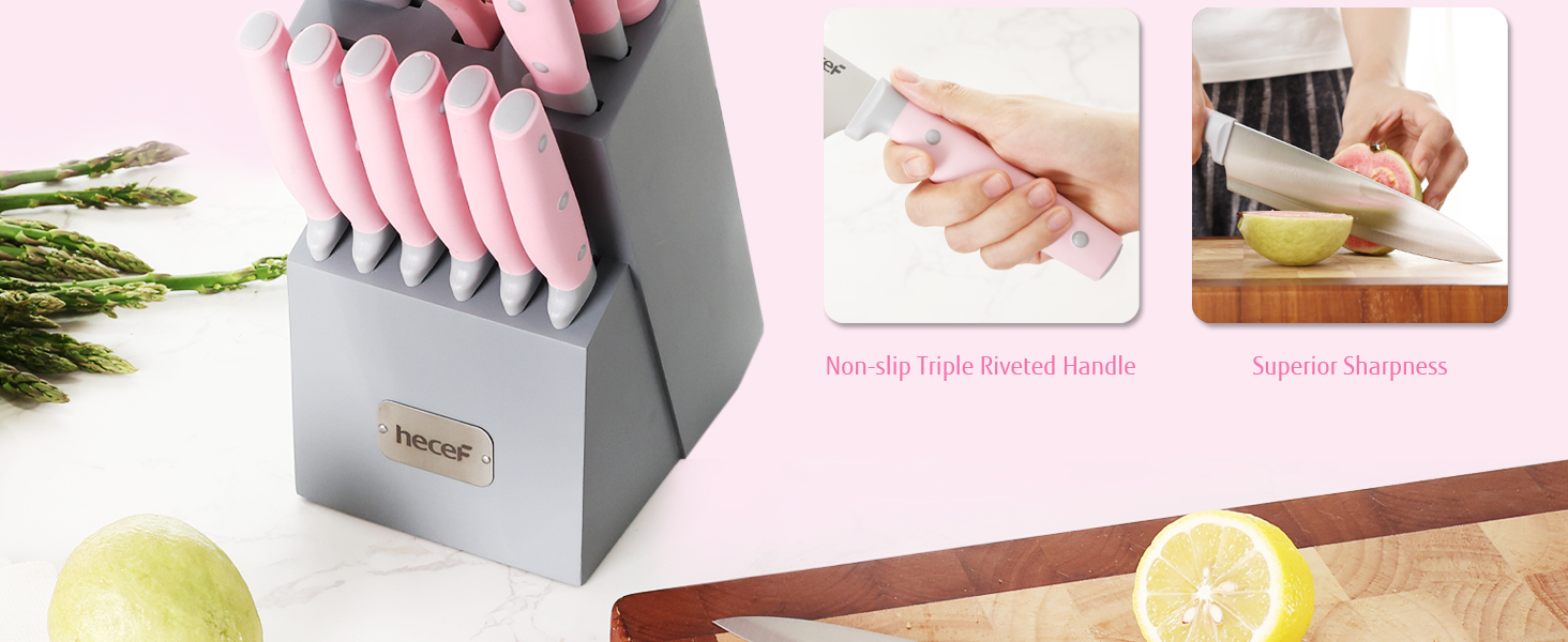 Набір ножів Hecef 14 предметів з дерев'яним блоком, професійний набір кухонних ножів з нержавіючої сталі, з ножицями, ножем для стейка та точилкою (рожевий)