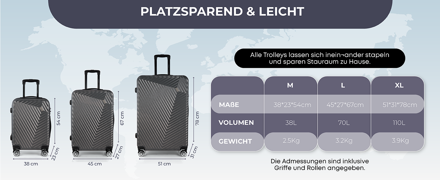 Набір валіз xRace 3-частинний ABS, 20/24/28 дюймів, ручна поклажа, TSA замок, 360° колеса, стійкий до ударів, преміум підкладка