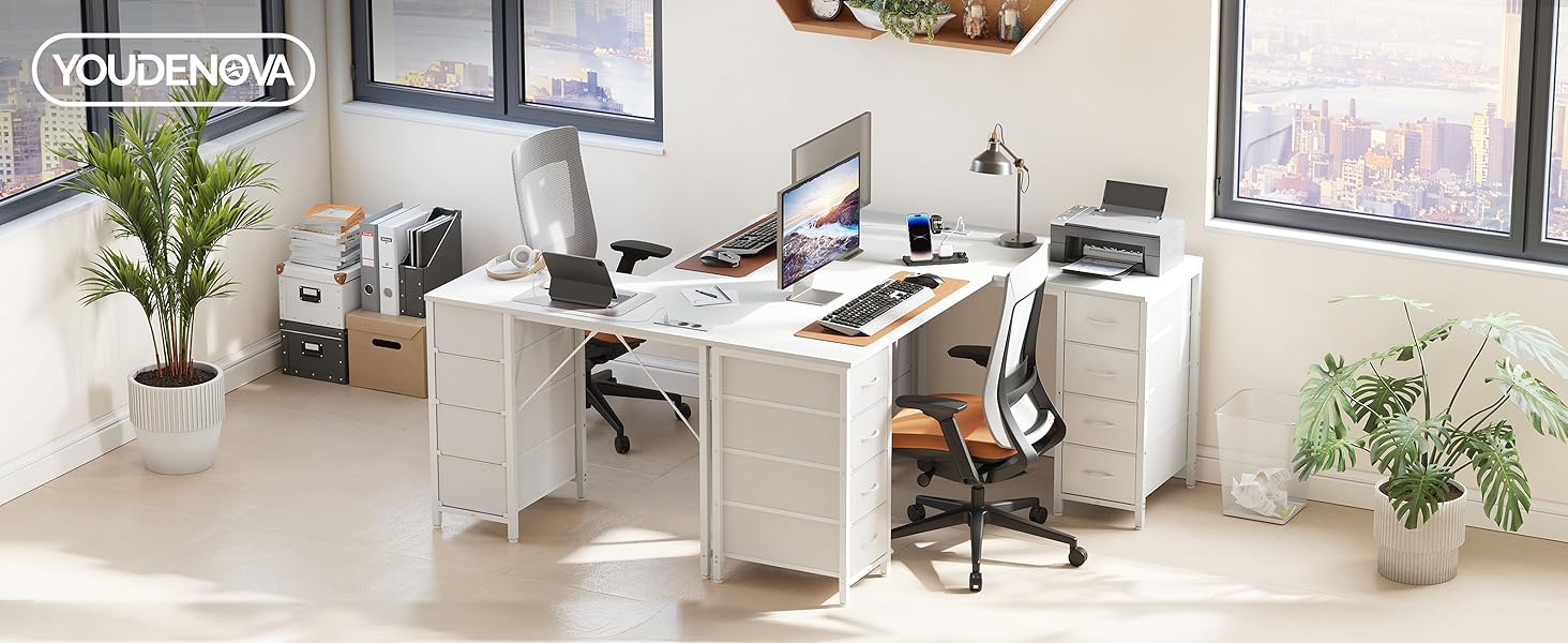 Кутовий стіл Youdenova 150x100 см з шухлядами, розеткою та USB-зарядом, білий. Стіл L-подібний з місцем для зберігання