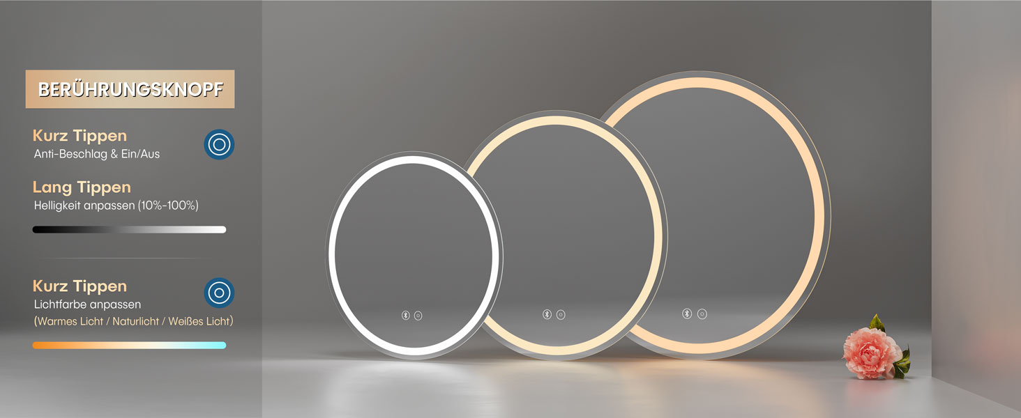 Дзеркало для ванної кімнати Dripex круглої форми з підсвічуванням LED, сенсорне керування, регулювання яскравості, 3 кольори світла, запобігання запотіванню, 50x50 см (Bluetooth, запобігання запотіванню, 3 кольори, регулювання яскравості)