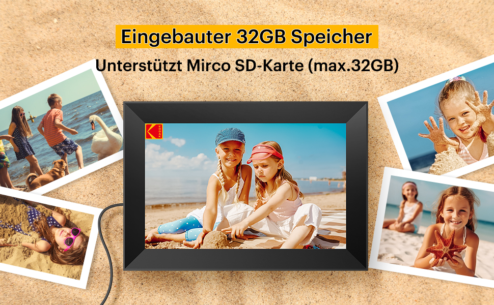 Цифровий фоторамка Kodak 10.1 дюймів з Wi-Fi, HD IPS-сенсорний екран, 32 ГБ пам'яті, автоматичне обертання зображень, можливість ділитися фото та відео через додаток, чорний