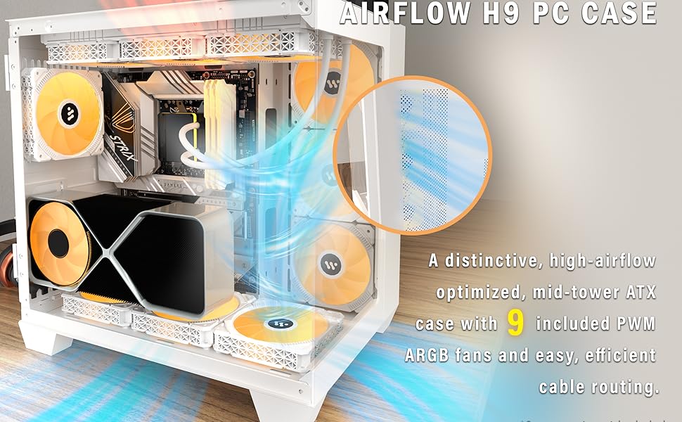 Ігровий корпус KEDIERS ATX Mid Tower, 9 ARGB вентиляторів, подвійне загартоване скло, H9 (білий)