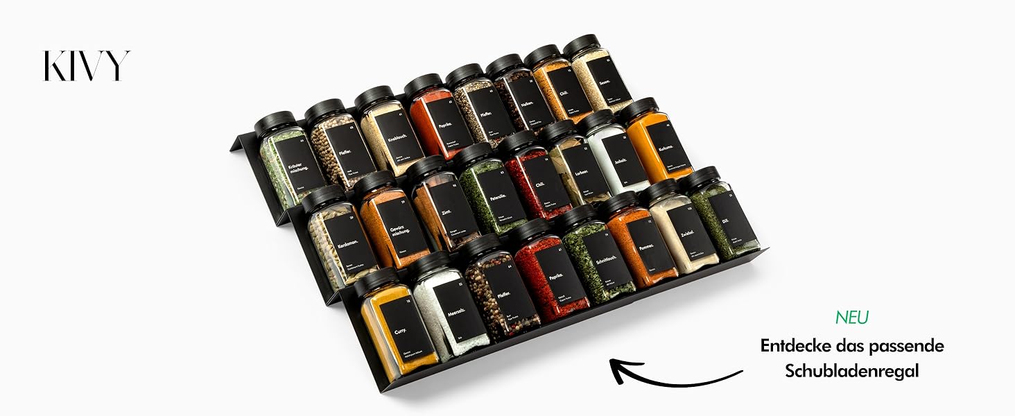Набір скляних банок для спецій KIVY з дозатором [24x 120 мл] + 240 вологостійких етикеток - герметичні скляні баночки для спецій - набір банок для спецій чорного кольору
