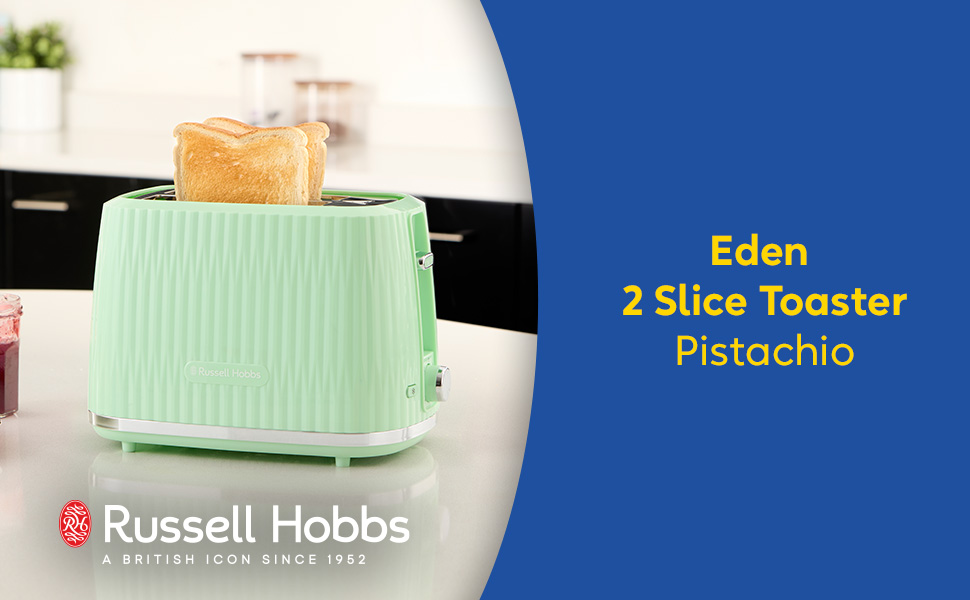 Тостер Russell Hobbs Eden на 2 тости, зелений (27372-56) - 6 режимів, розморожування, підігрів, підйом тостів, лоток для крихт