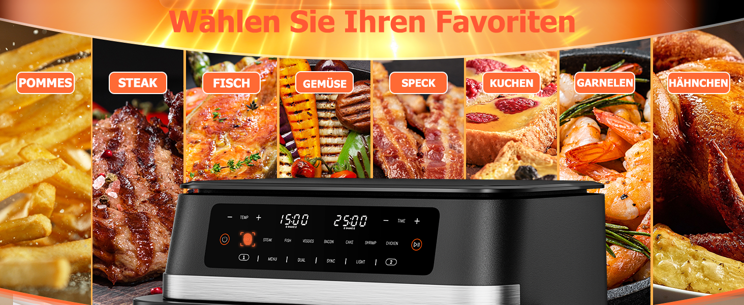 Фритюрниця без олії Heißluftfritteuse Double Stack 12L з подвійними камерами, 10 програм, сенсорний екран, таймер, чорна