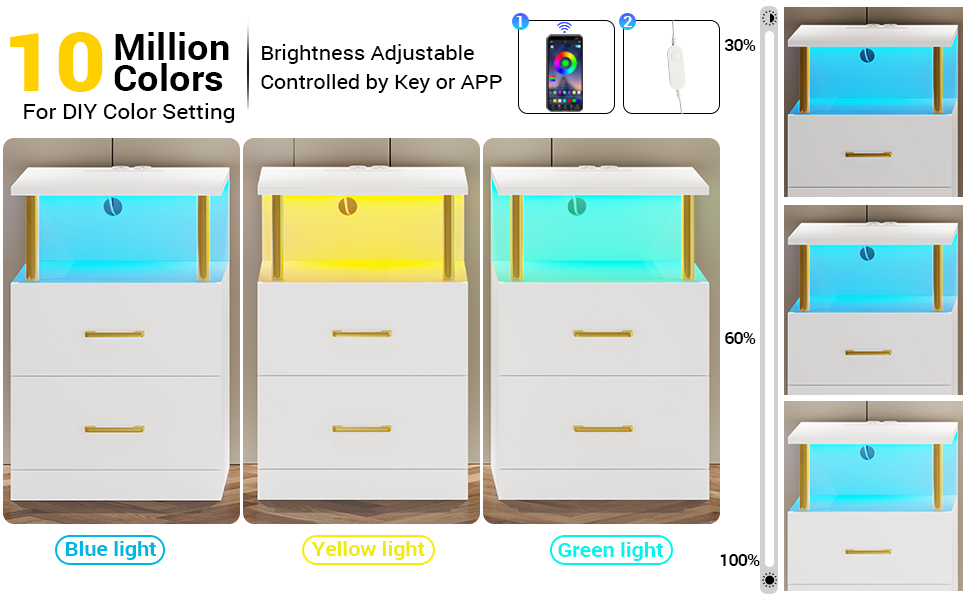 Набір з 2 тумбочок зі світлодіодом, зарядна станція, 2 ящики, розетки та USB, білий