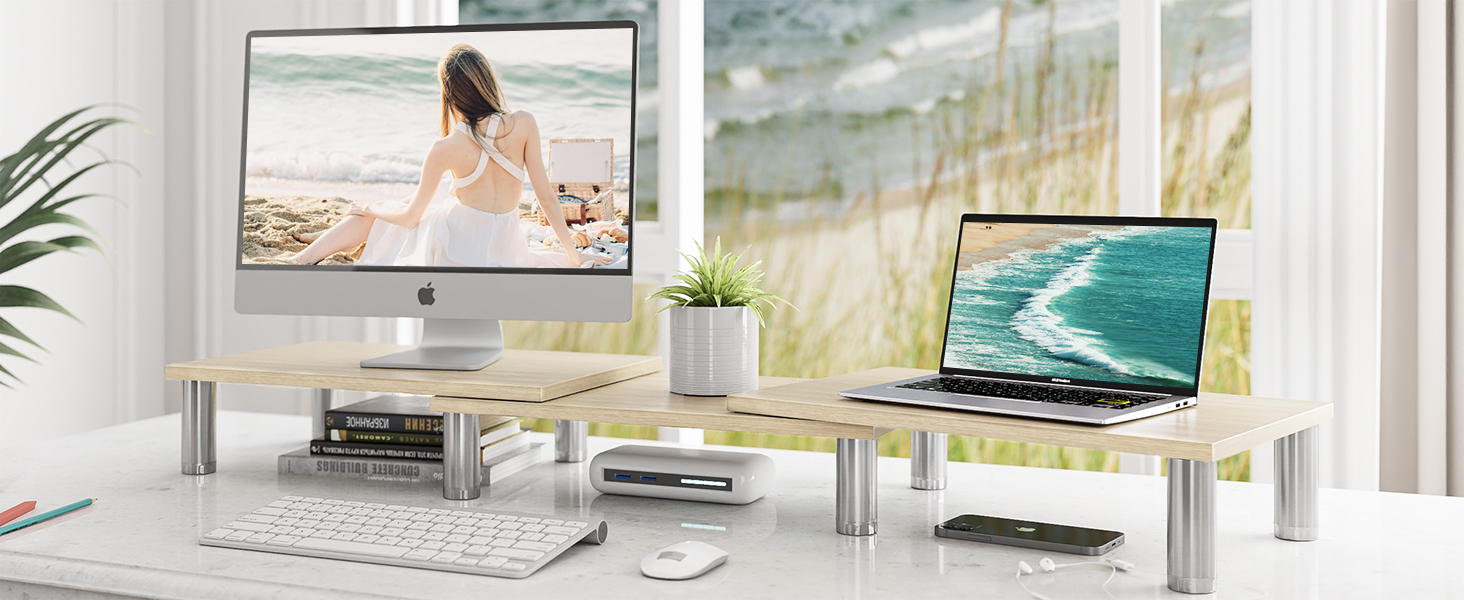 Підставка для двох моніторів AX Waber Dual Monitor Riser, регульована довжина та кут нахилу, дерев'яна підставка з місцем для зберігання, біла