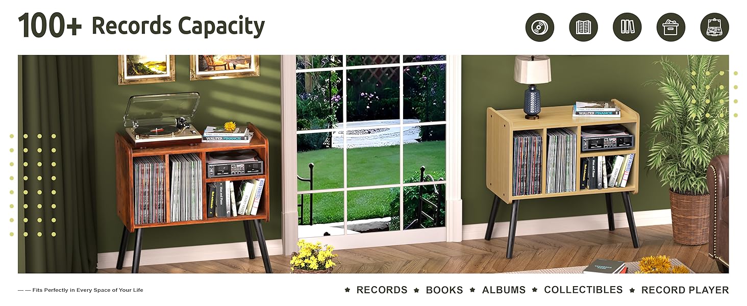 Стіл для програвача, стійка для вінілових пластинок в стилі середини століття з місцем для зберігання до 150+ альбомів, шафа для вінілових пластинок з регульованими полицями (горіх)
