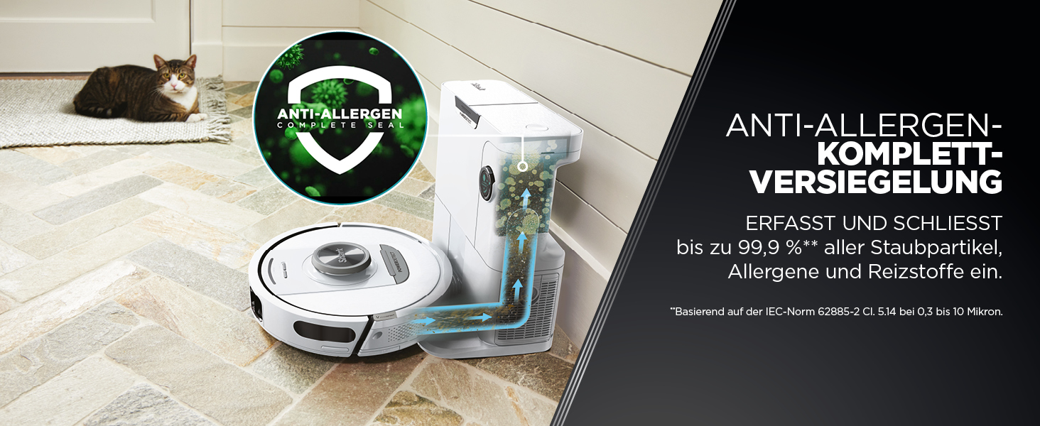 Робот-пилосос Shark PowerDetect з автопорожненням, самоочищення, до 60 днів роботи, для шерсті тварин, килимів та твердих підлог, з 3D та LiDAR навігацією, 14,5 см, білий